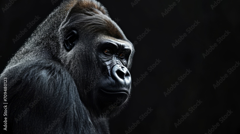 A gorilla's face is seen against a black background, its grumpy and serious look evident.