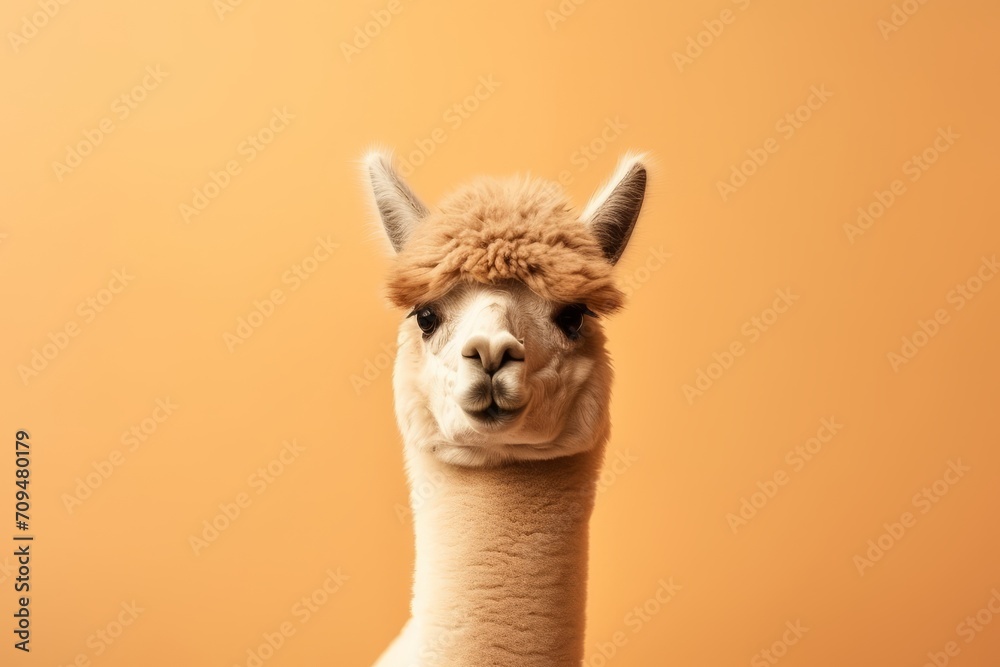 A llama, with a wild and fluffy portrait, is seen against an orange background.