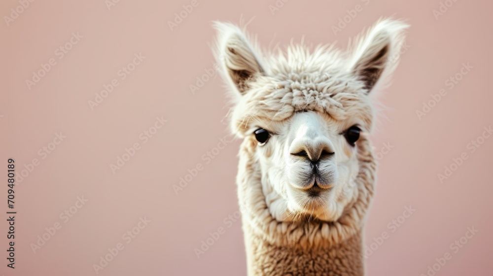 A llama, with a fluffy portrait, is seen against a pink background.