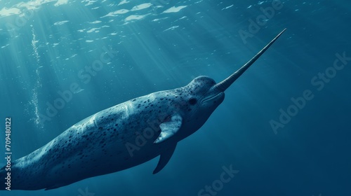 A narwhal, resembling a blue whale or plesiosaur, is seen swimming in the ocean.
