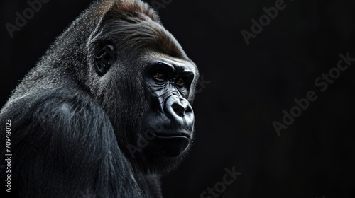 A gorilla's face is seen against a black background, its grumpy and serious look evident. © Duka Mer