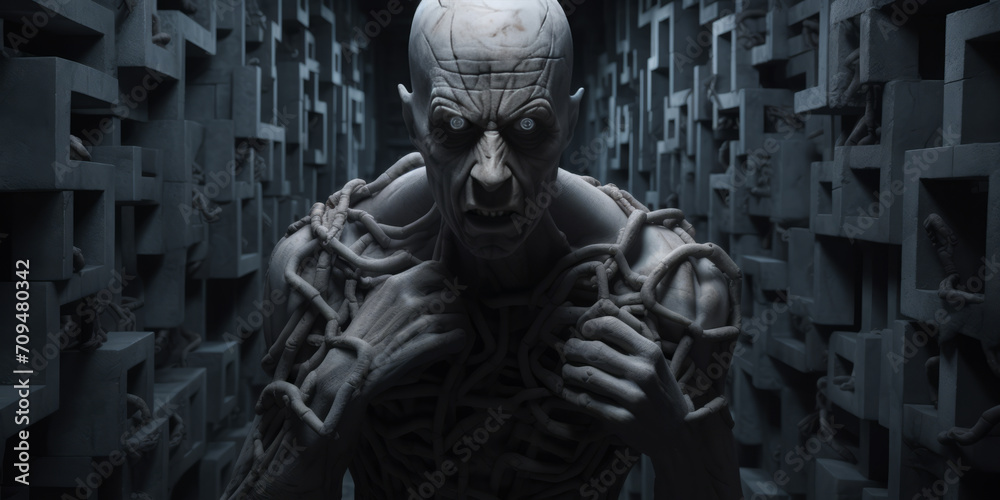 A man, resembling a creepy mutant or alien cyborg, is seen in a jail cell with chains around his neck. - obrazy, fototapety, plakaty 