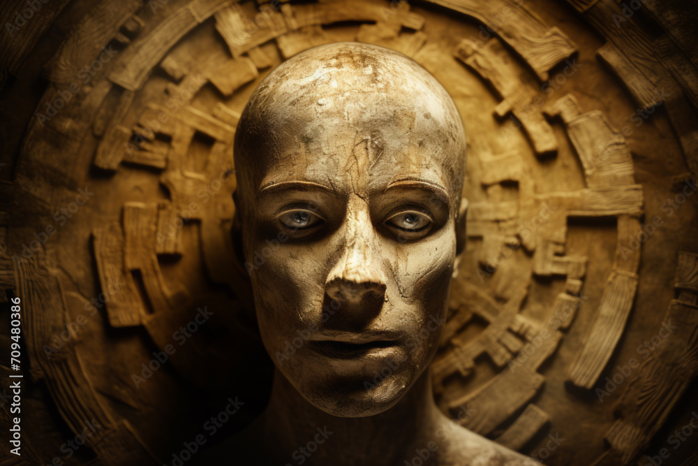 A statue presents a humanoid portrait, its metallic face resembling a male or female humanoid.