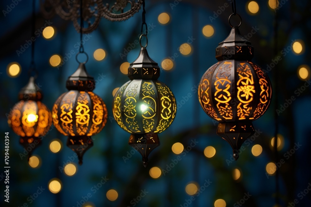 Ornamental lanterns and crescent moon symbolizing Mawlid celebration Ornamental lanterns and crescent moon symbolizing Mawlid celebration