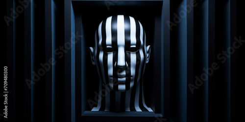 A person's face, resembling a symmetrical humanoid, is seen in a cage.