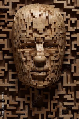 A face, resembling a tortured wooden sculpture, is made out of wooden blocks.