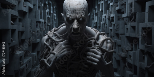 Fotótapéta A man, resembling a creepy mutant or alien cyborg, is seen in a jail cell with chains around his neck