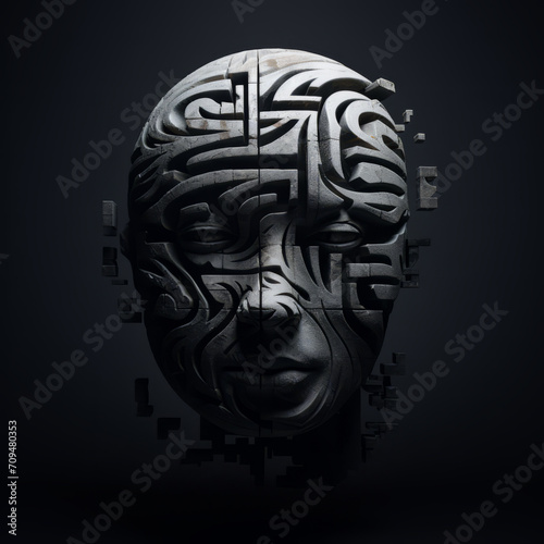 A sculpture presents a symmetrical  robotic face that resembles a detailed cyborg.