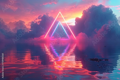 Neon colored rainbow triangle in the sky with clouds. Retro vaporwave vibes.