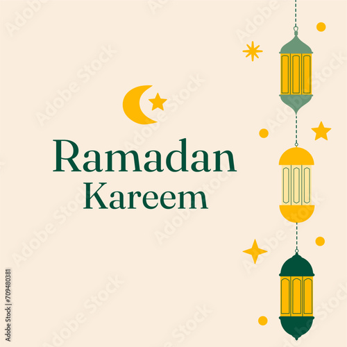 Ramadan Kareem poster, background, holiday cover set. Suitable for greeting card, banner, or social media design. Cute cartoon Ramadan design in green and cream color.