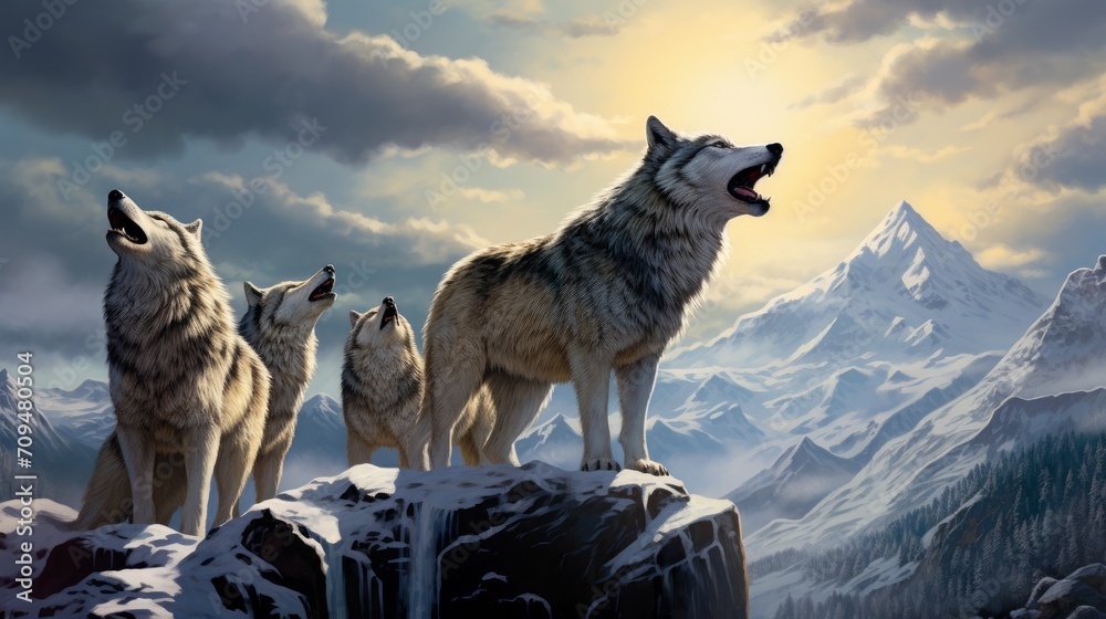 Fototapeta premium Pack of wolves howling on a snowy peak, their voices harmonizing with the breathtaking landscape