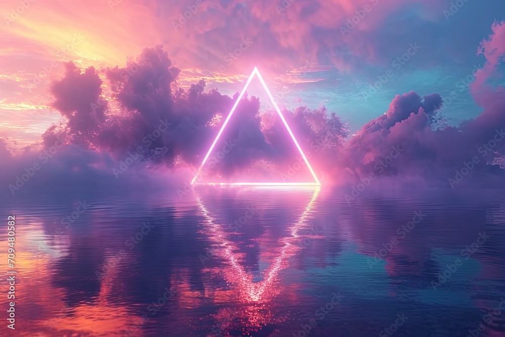 Neon colored rainbow triangle in the sky with clouds. Retro vaporwave vibes.