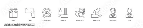 Loyalty program icon set flow process which consists of vip, support, bonus, reward, voucher, exclusive, card, gift icon live stroke and easy to edit  photo