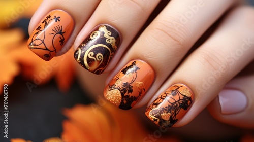 Pumpkin-inspired nail art with intricate designs and autumn colors, perfect for showcasing seasonal trends and creativity