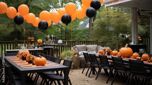 Pumpkin-themed children's birthday party with pumpkin-shaped balloons, pumpkin carving stations, and festive games, creating a memorable celebration photo