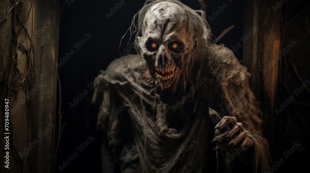 Scary zombie lurking in the shadows, with tattered clothes and pale, decaying skin, embodying the horror of Halloween Scary zombie lurking in the shadows, with tattered clothes and pale, decaying skin, embodying the horror of Halloween