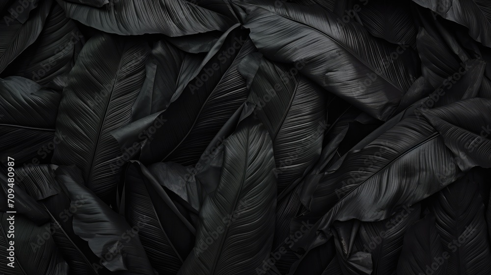 black banana leaves black background.