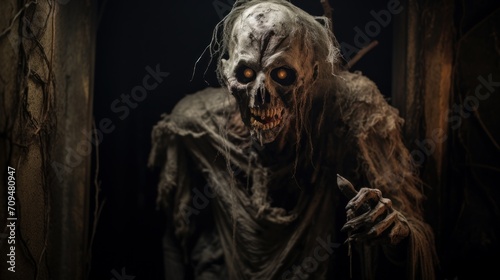 Scary zombie lurking in the shadows, with tattered clothes and pale, decaying skin, embodying the horror of Halloween