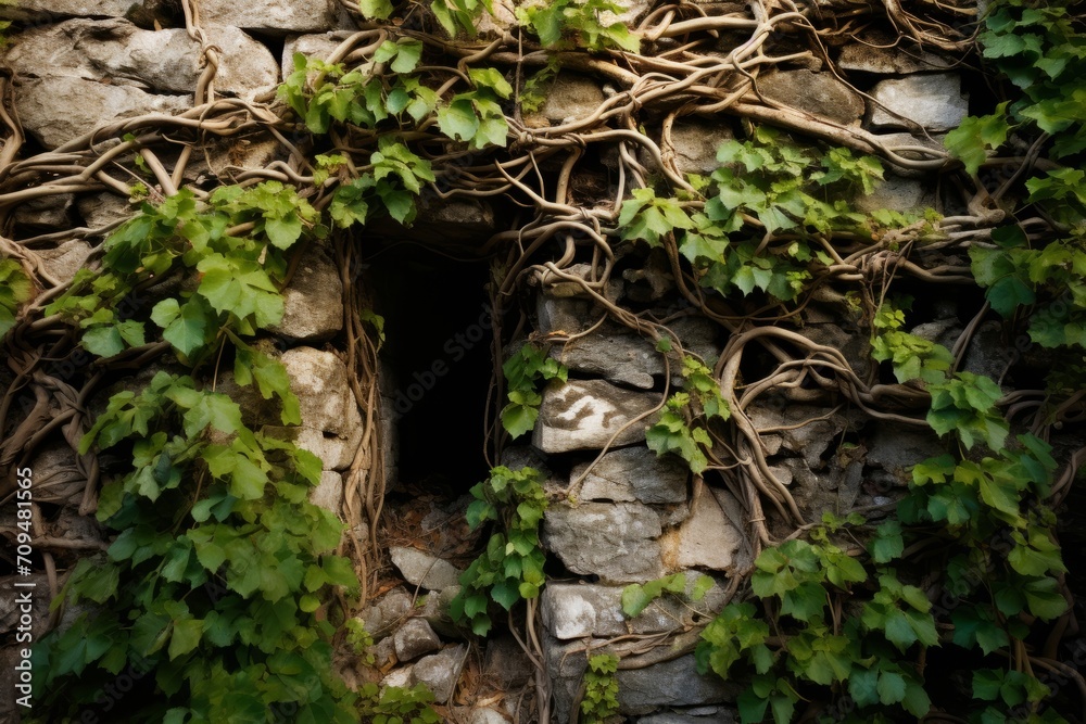 Tangled vines creeping up a crumbling stone wall Tangled vines creeping up a crumbling stone wall