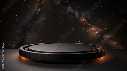Black podium for a new product against the background of blackhole.