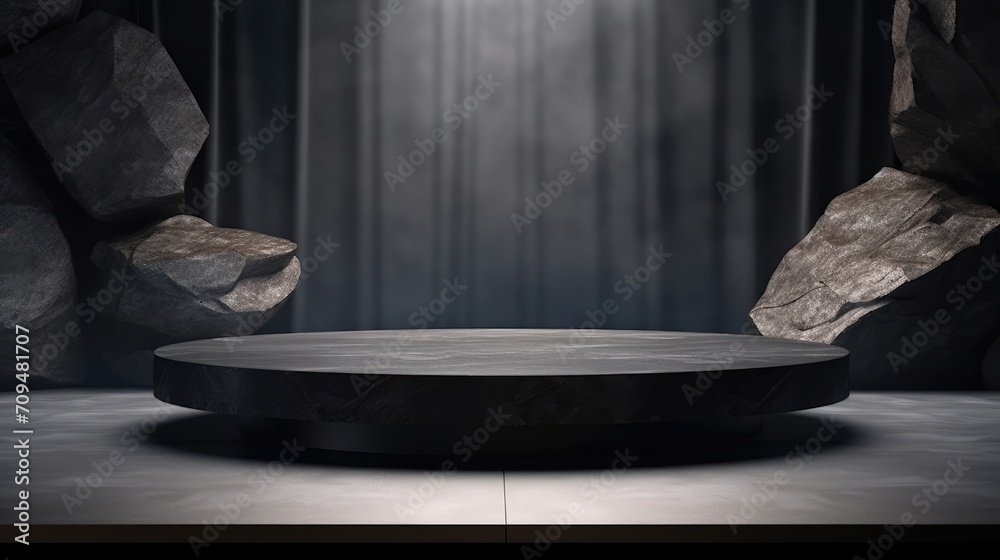 Black, dark and gray geometric Stone and Rock shape background, minimalist mockup for podium display showcase