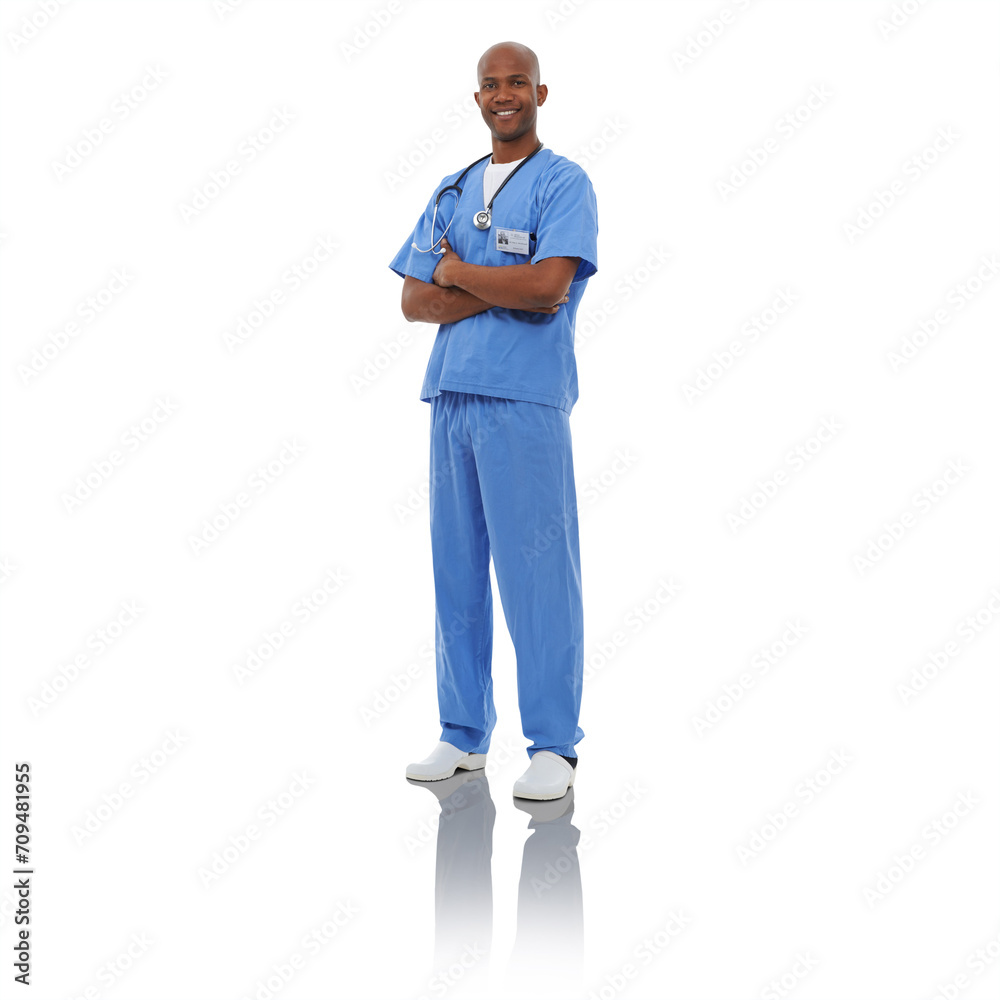 Portrait, man and doctor with arms crossed, smile and professional isolated on a white studio background. African person, model and employee with happiness, nurse and uniform with mockup space or joy