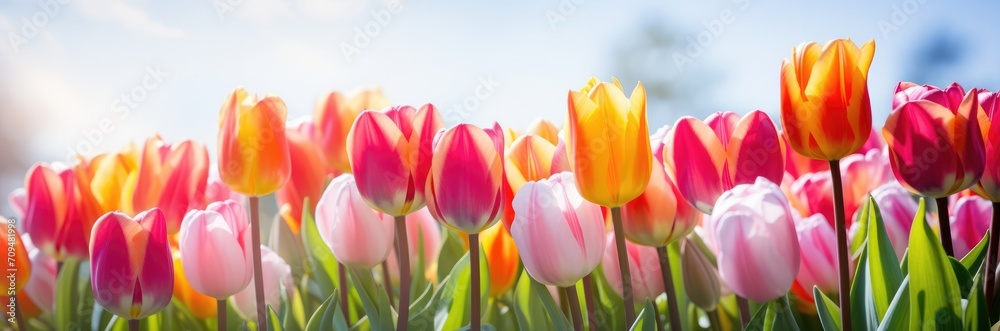 Obraz premium Tulips colorful multicolored yellow, white, red, purple, pink bloom flower field in Spring