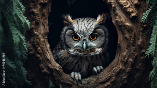 An owl is sitting in a hollow in a tree