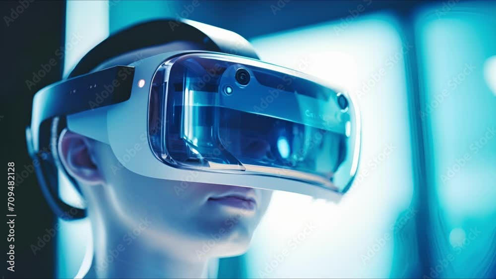 Up close view of a futuristic virtual reality headset used for pain management during medical procedures. Up close view of a futuristic virtual reality headset used for pain management during medical procedures.