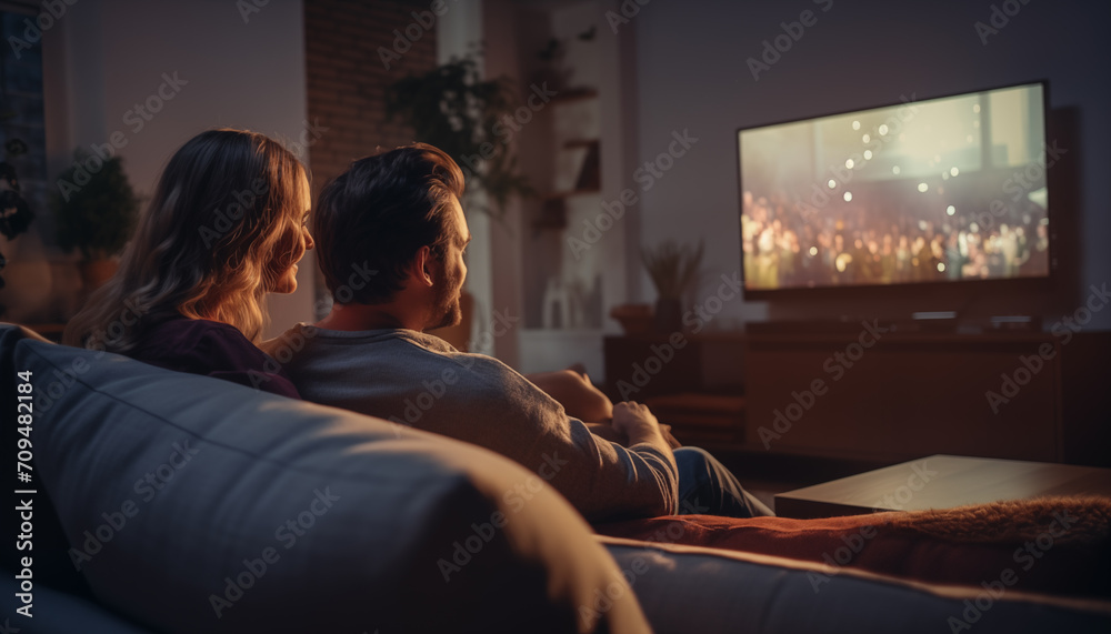 Couple spending time at home sitting on couch and watching TV 