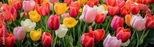 Tulips colorful multicolored yellow  white  red  purple  pink bloom flower field in Spring
