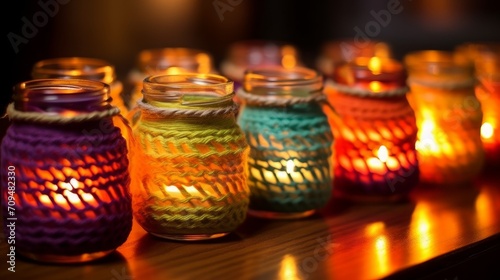 Yarn-wrapped jar candle holders, casting a warm and cozy glow
