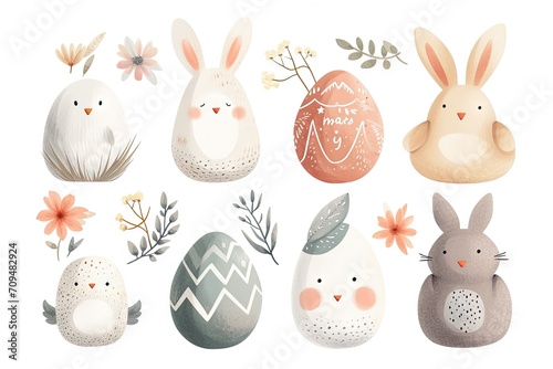 Minimalism and abstract cartoon vector very cute kawaii easter clipart, organic forms, desaturated light and airy pastel color palette, nursery art, white background.