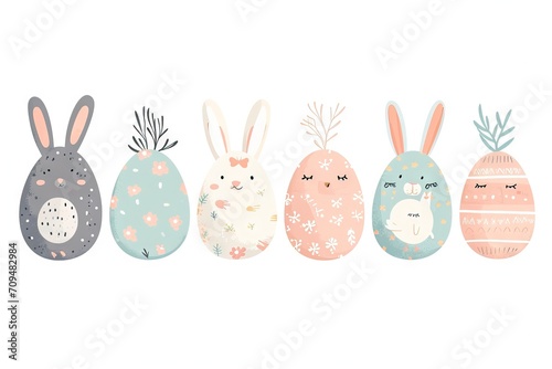 Minimalism and abstract cartoon vector very cute kawaii easter clipart, organic forms, desaturated light and airy pastel color palette, nursery art, white background.