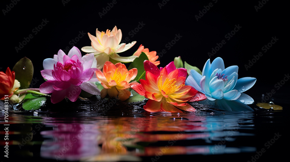 beautiful multicolored floral on the water black background