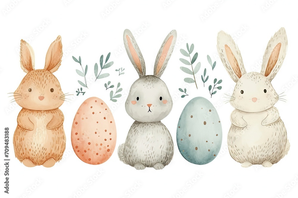 Obraz premium Minimalism and abstract cartoon vector very cute kawaii easter clipart, organic forms, desaturated light and airy pastel color palette, nursery art, white background.