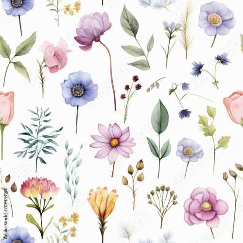 Seamless pattern of Asian flowers, watercolor, Wrapping paper pattern