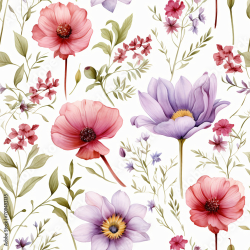 Seamless pattern of Asian flowers, watercolor, Wrapping paper pattern