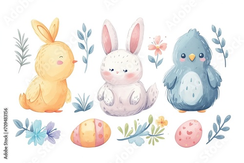 Minimalism and abstract cartoon vector very cute kawaii easter clipart  organic forms  desaturated light and airy pastel color palette  nursery art  white background.