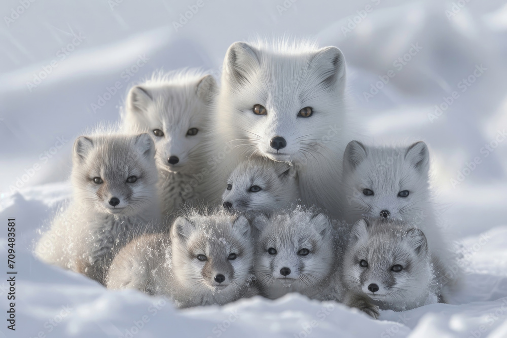 An endearing scene captures an Arctic fox family engaged in playful activities in the snow