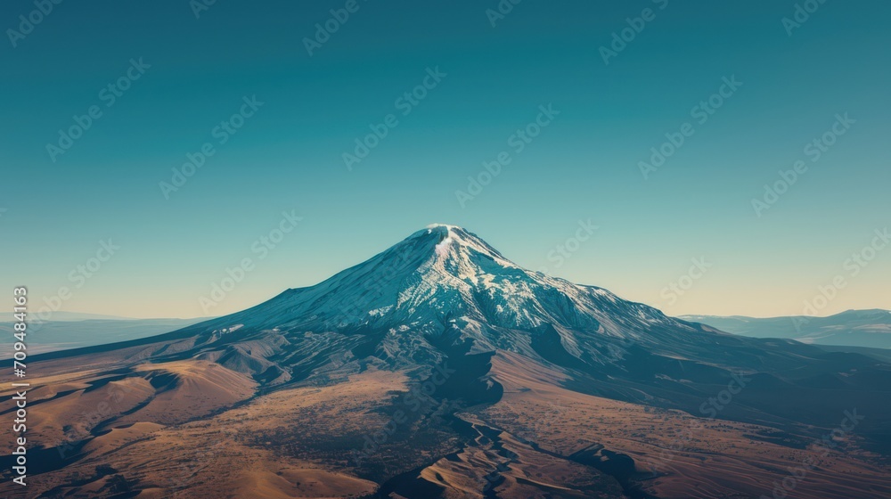 Aerial view of a lone, snow-capped mountain peak, at sunset