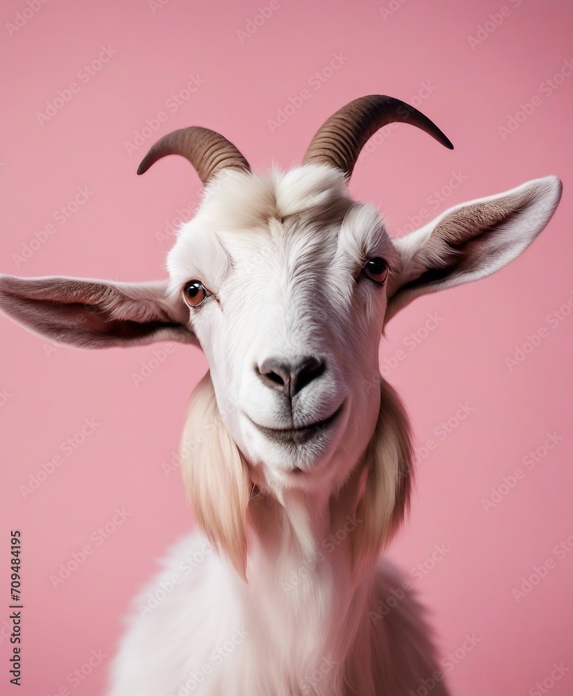 Portrait of a white goat with horns on a pink background. Portrait of a white goat with horns on a pink background.