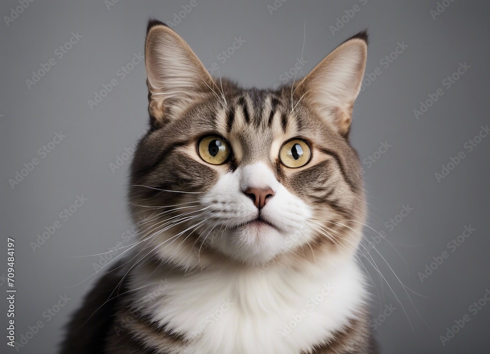 Close-up portrait of a tabby cat on grey background.