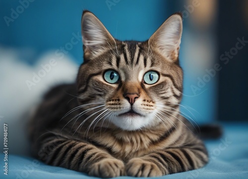 A tabby cat with striking blue eyes lying on a blue blanket