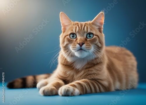 Red tabby cat lying on blue background and looking at camera.