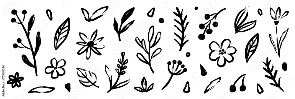 Flower doodle hand drawn line stroke. Sketch hand drawn spring floral plant, nature graphic leaf, scribble grunge brush texture. Vector simple flower, leaf brush stroke. Vector illustration - obrazy, fototapety, plakaty 