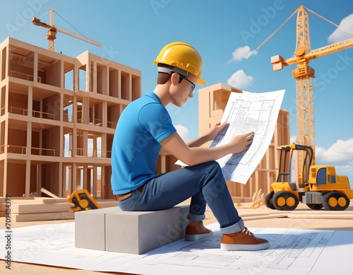 Animated Young Builder Examining Plans on Construction Site