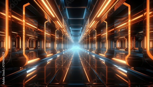 Neon laser sci-fi corridor interior design. Visualization of a science fiction spaceship indoor hallway.