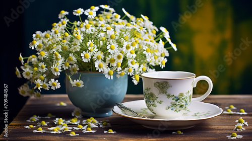 spring chamomile flowers in teacup on wooden table