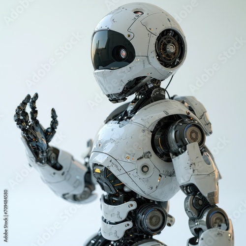 Potrait of humanoid advanced robot standing on the white futuristic background. Artificial intelligence technology concept.